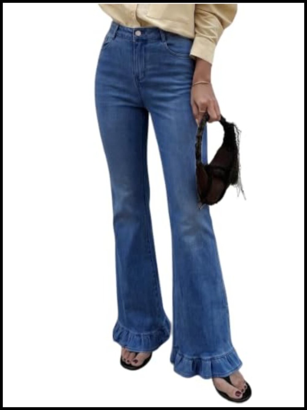 Ruffle Hem Flare Jeans High Waisted Stretchy Denim Bell Bottom Pants